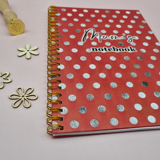 Mum's A5 spiral journal notebook - Red polka dot