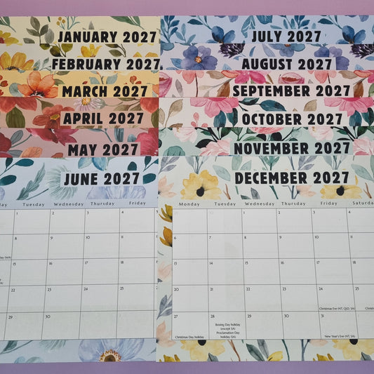 2027 Monthly A4 floral calendar with fridge magnets