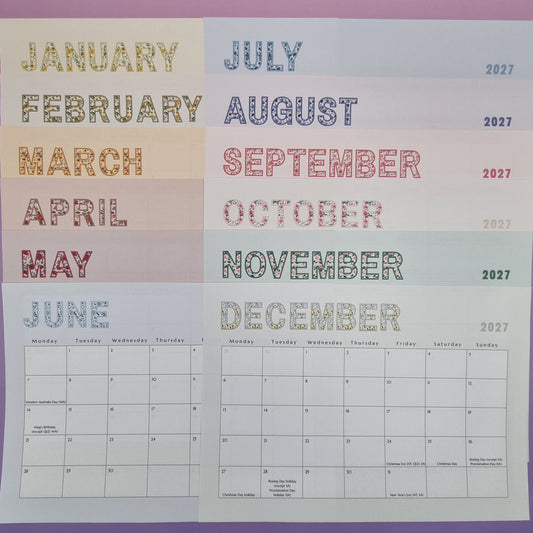 2027 Monthly A4 pastel floral calendar with fridge magnets
