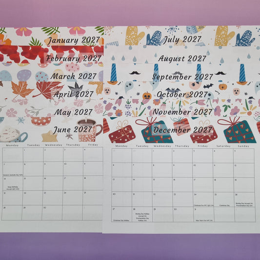 2027 Monthly A4 seasonal calendar with fridge magnets